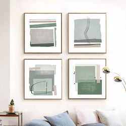Green Gray Wall Art Set Of 4 Prints Abstract Painting Printable Art Living Room Decor Mint Green Art Minimalist Poster