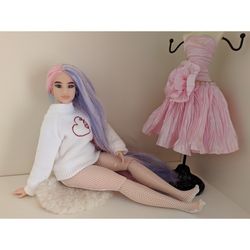 white sweater for barbie, handmade embroidered sweatshirt for doll, jumper for barbie, 1:6 doll clothes, hoodie for doll