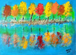 fall trees original oil painting autumn landscape river painting original art new england landscape colorful painting