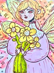 the original postcard fairy holds a bouquet of flowers in her hands.