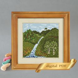 summer landscape pattern pdf cross stitch, easy embroidery diy, small pattern