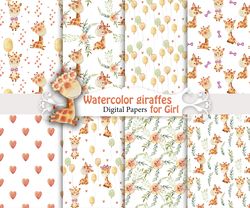 watercolor giraffes for girl, seamless patterns.