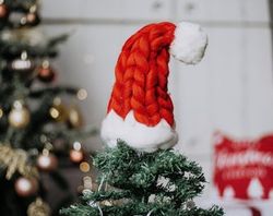 christmas tree topper santa hat -holiday decor - home decor modern ornament tree topper - santa hat, hand knitted chunky