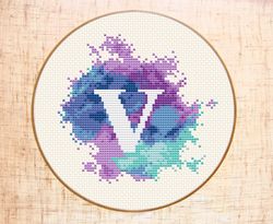 letter v cross stitch pattern modern cross stitch watercolor xstitch monogram embroidery initial v counted cross stitch