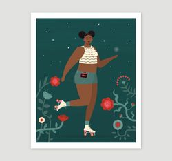 black curvy woman art, beautiful black roller skater, printable poster, black girl roller skating print, melanin poppin