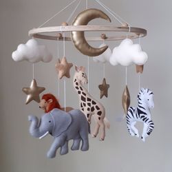 Baby mobile gender neutral Africa animals nursery decor, safari crib mobile elephant, giraffe, lion, zebra Jungle mobile