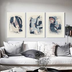 abstract printable set of 3 prints navy blue wall art home office decor modern art abstract painting triptych large art