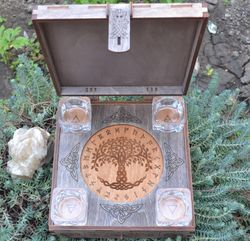 portable altar for norse rituals with hel. norse pagan altar box. norse witchcraft mini altar with runes and valknut.