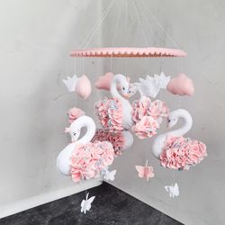 swan baby mobile , crib mobile , nursery decor , personalized gift , hanging baby mobile girl  , pink mobil