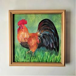 rooster painting, farm bird original art, farm animal acrylic painting, chicken portrait