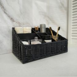 wicker organizer with dividers. black bathroom storage basket. woven holder. desktop woven rectangular storage box hygge