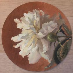 white peony painting, round floral small oil painting, original oil painting with peony flower head, oil on round canvas