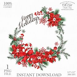 merry christmas wreath clip art. digital clipart, hand drawn graphics, digital download. oliartstudioshop