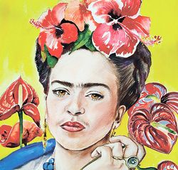 frida kahlo five watercolor portrait, frida kahlo portrait with anthurium, feminist gift, mexican folk art, digital item