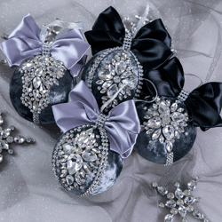 luxury christmas rhinestones dark grey ornaments, handmade balls in gift box, xmas decorations new year tree balls