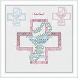 blackwork medical symbol bowl snake red cross sampler ornament medicine pharmacy monochrome panel cross stitch patterns