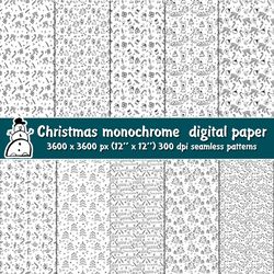 merry christmas digital paperpack. black and whire doodles seamless patterns. winter festive background.