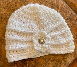 newborn crocheted turban hat, sparkle white baby winter beanie with rhinestone button