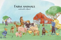 farm animals clipart, watercolor kids illustrations, cottagecore country scene creator, nursery digital paper