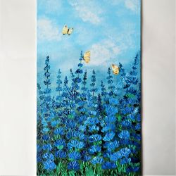 blue flowers painting, butterfly painting, landscape original artwork, floral impasto painting wall decor