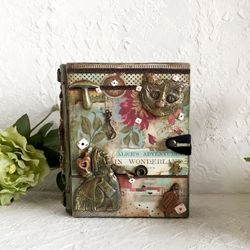 box-book, tarot cards box, alice in wonderland magic box, bronze jewelry box, mad hatter box, white rabbit ring holder