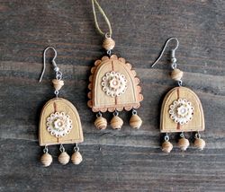 wooden set jewelry, birch bark long lightweight earrings