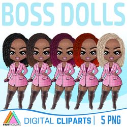 girl boss clipart set with african american fashion dolls