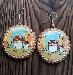 wooden mushroom earrings, painting round earrings, gift for her