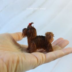 chocolate yorkshire terrier. miniature realistic figurine. custom made toy. pet portrait. great gift for dog lovers.