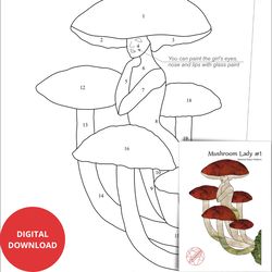 mushroom lady stained glass patterns digital download, mushroom stained glass suncatcher patterns, stained glass corner