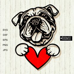 american bulldog with heart svg for cricut, english bulldog shirt design, car decal clipart vector cut file vinyl /167