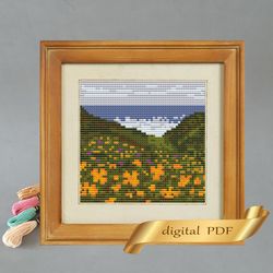 summer landscape pattern pdf cross stitch, easy embroidery diy, small pattern