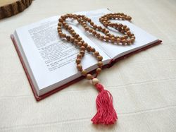 handmade oak wood rosary 108 beads, mala 108 beads for meditation, wood prayer rosary necklace with tassel