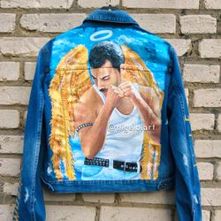 freddie mercury queen  painted denim jacket jeans jacket portrait personalized jacket art portraits paint on photo gift