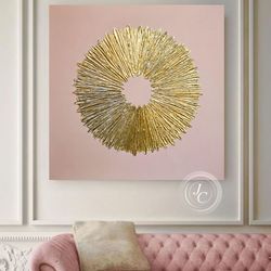 gold and pink abstract painting sunburst textured artwork original art gold wall decor above couch decor by juliya jc