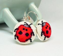 red ladybug embroidered earrings, cross stitch fabric jewelry, handcrafted modern gift for her