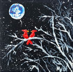 red cardinals painting original artwork acrylic arts black canvas bird art winter by margaryshopusa margarita voropay