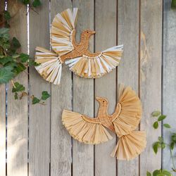 two birds for wall decor. wicker birds handmade wiht raffia. gift for her.