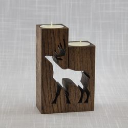 wooden candlestick for tea candle "santa reindeer" new year gift ideas