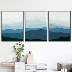 mountains abstract set of 3 prints navy blue wall art downloadable art modern triptych mountain painting bedroom decor