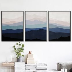 mountain painting natural art set of 3 prints downloadable art modern triptych navy pink wall art mountains abstract