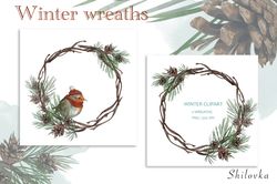 winter wreaths, robin clipart, sublimation. digital download.