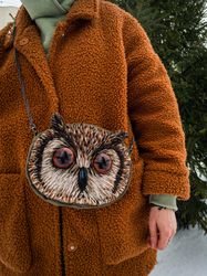 braun owl clutch bag hand embroidery aesthetic gift for women tote bag