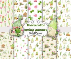 watercolor spring gnomes, seamless patterns.