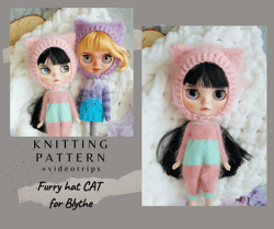 blythe knitting pattern hat cat, blythe knit helmet tutorial, pdf blythe clothes, primitive pattern for blythe