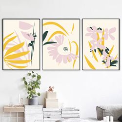 abstract flowers yellow pink art floral print abstract plants 3 piece wall art large poster digital prints kitchen art