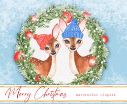 watercolor christmas clipart png,  watercolor fawns png. christmas tree png clipart