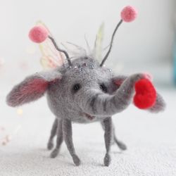 felted elephant cute wool figurine for collectible, fantasy animal craft art , fanny toy handmade , symbol of love