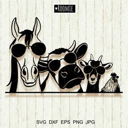 farm animals with sunglasses svg for cricut, cow horse goat chicken, farmhouse sign, farm animals laser cut files