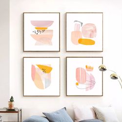 abstract print pink yellow art set of 4 prints square wall art digital art shapes poster interior decor scandinavian art